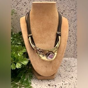 Brass look necklace with Amethyst stone accent